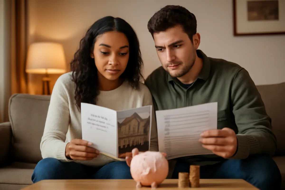 A man and woman sitting together closely reviewing a folded brochure with a house photo and a printed page, with a piggy bank and small stacks of coins on the table in front of them