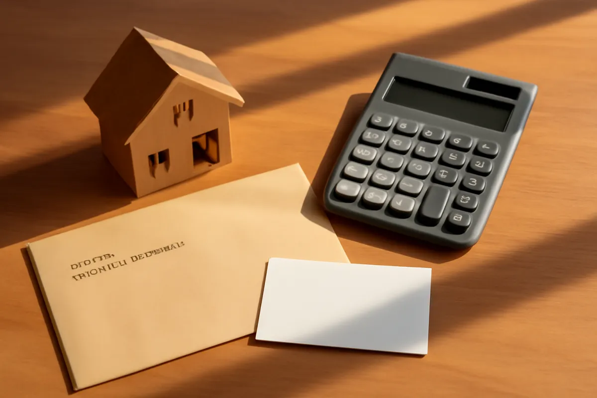 A small wooden house model, a desk calculator, a manila envelope, and a blank business card arranged on a sunlit wooden desk