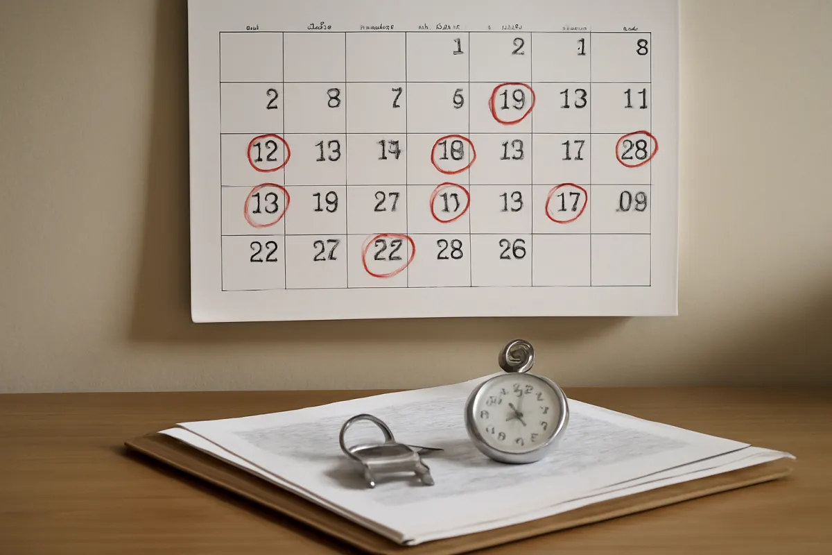 A wall calendar with several dates circled in red marker, a small pocket watch and a house-shaped keychain resting on a stack of papers on a desk below it