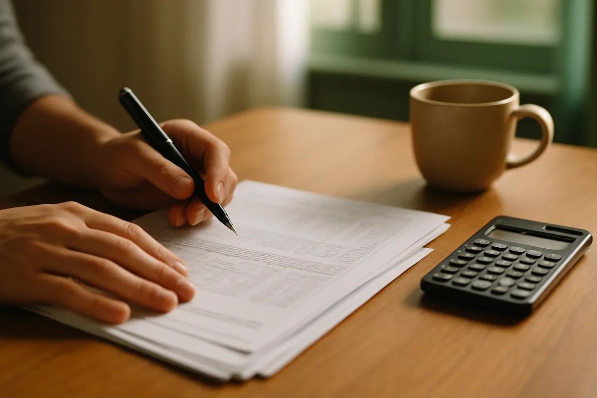 Two hands holding a pen over a stack of printed pages on a wooden table beside a calculator and a ceramic mug in soft daylight