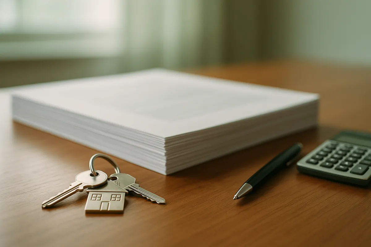 House keys with a house-shaped fob beside a thick stack of documents, a pen, and a calculator on a wooden table