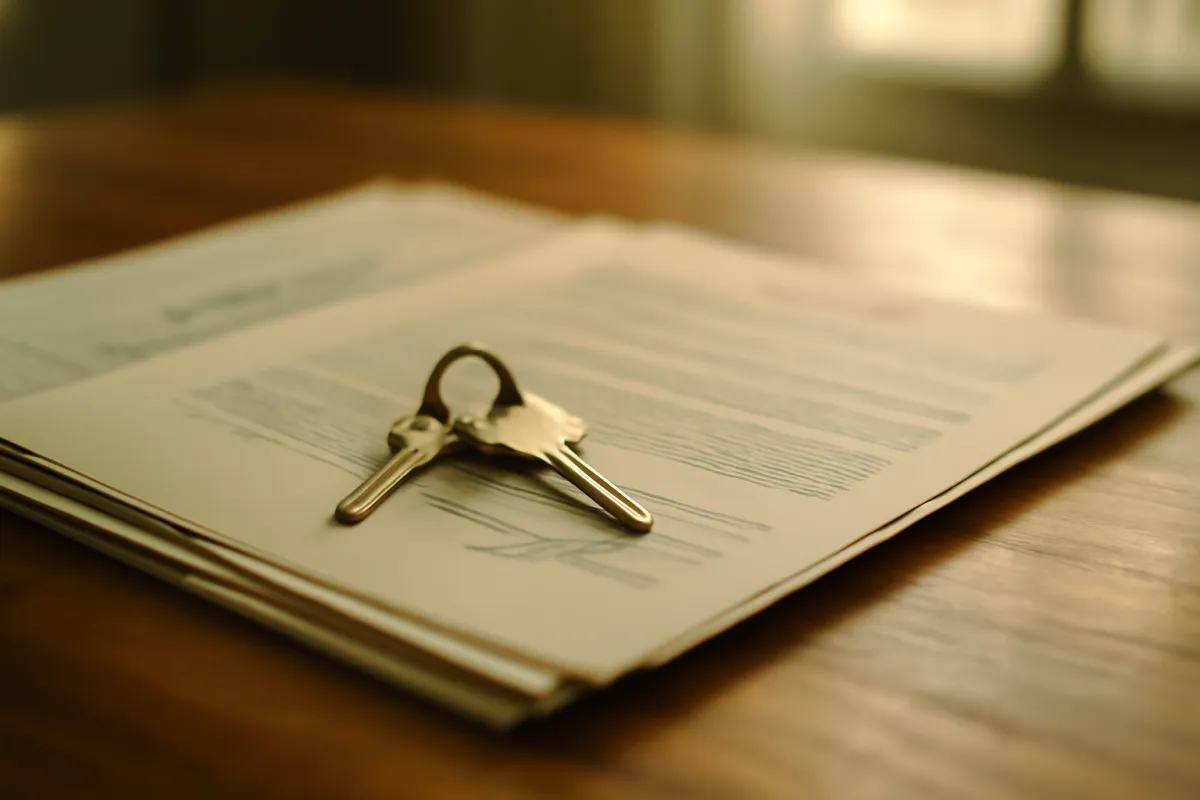 House keys resting on a stack of printed mortgage paperwork on a warm wooden desk