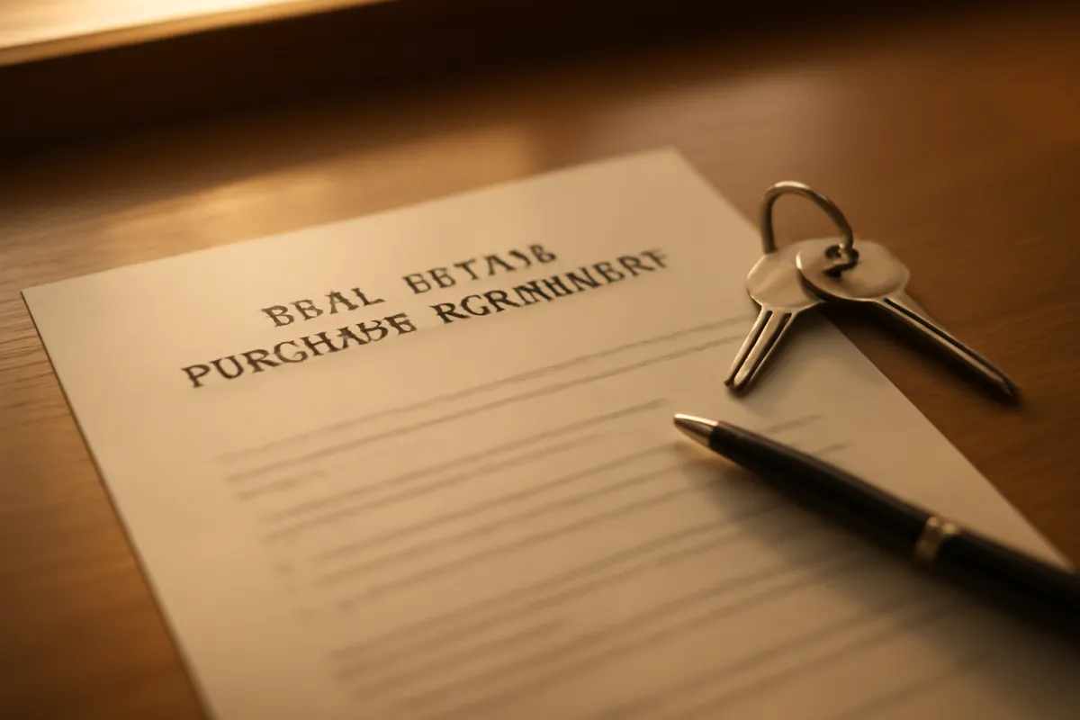 A home purchase agreement and a set of house keys on a wooden desk in warm light