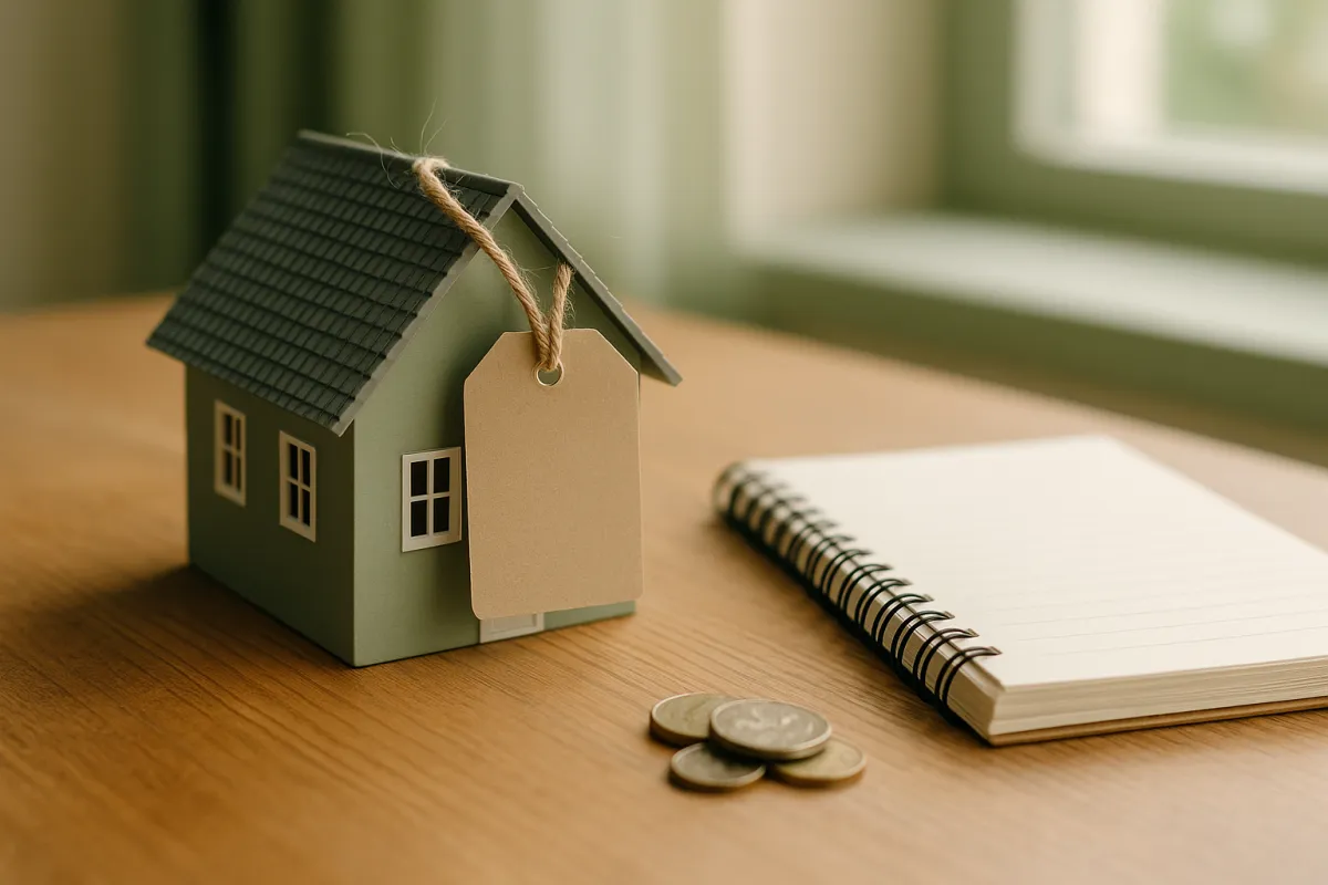 A small model house with a blank hanging price tag beside an open budget notebook and coins on a wooden desk