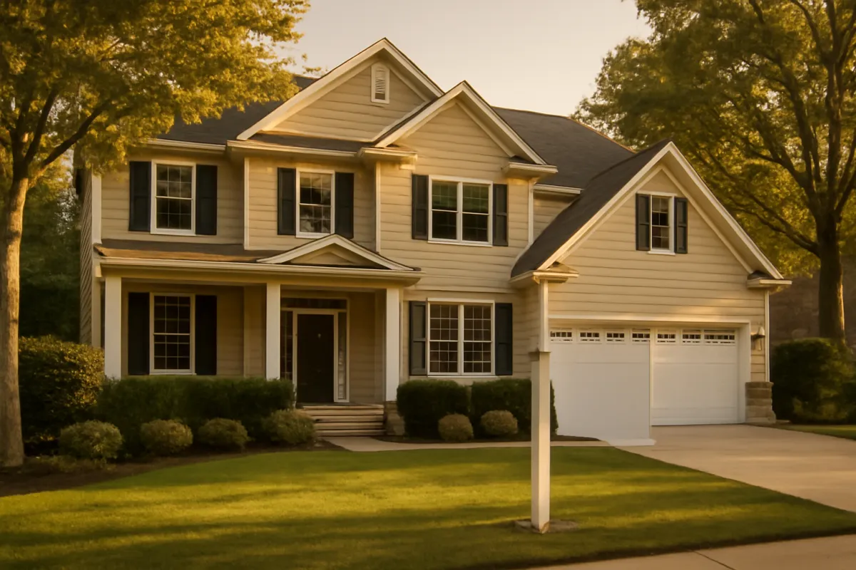 An upscale two-story suburban house with a manicured lawn and a bare white sign post in the yard, in warm golden light
