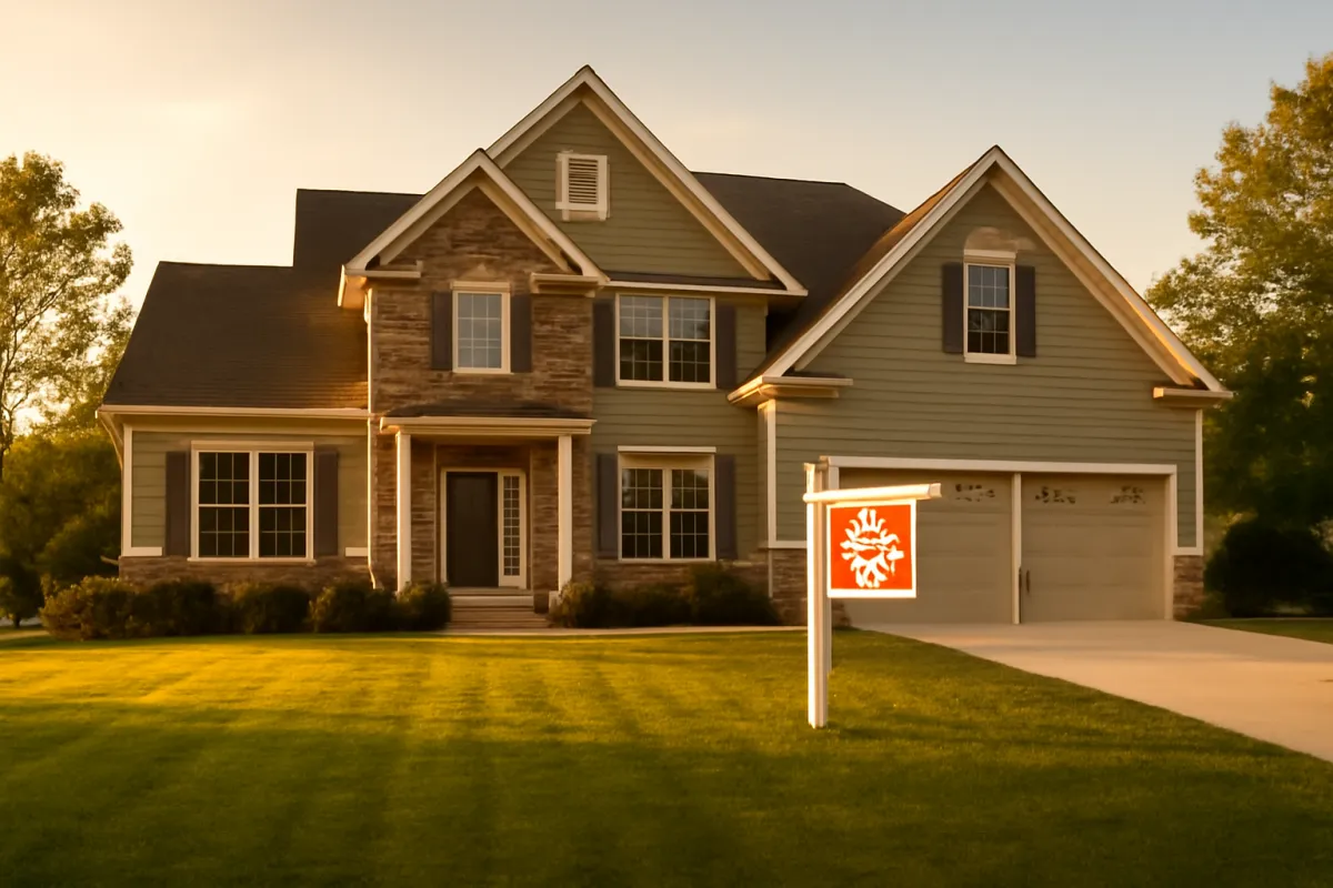 An upscale two-story suburban house for sale with a two-car garage and a manicured lawn in warm golden light
