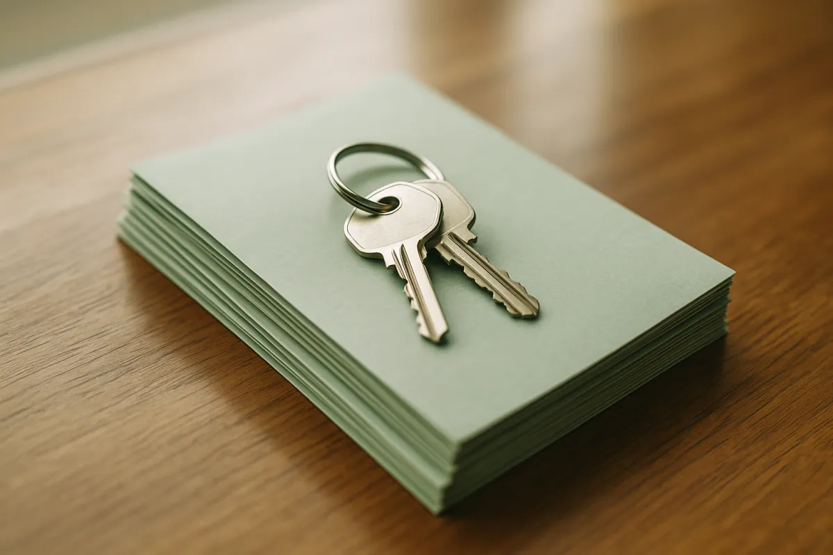 House keys resting on a stack of savings envelopes on a wooden table