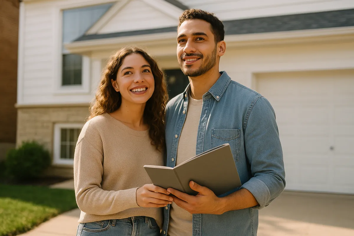 A young couple standing in front of a house they are considering buying