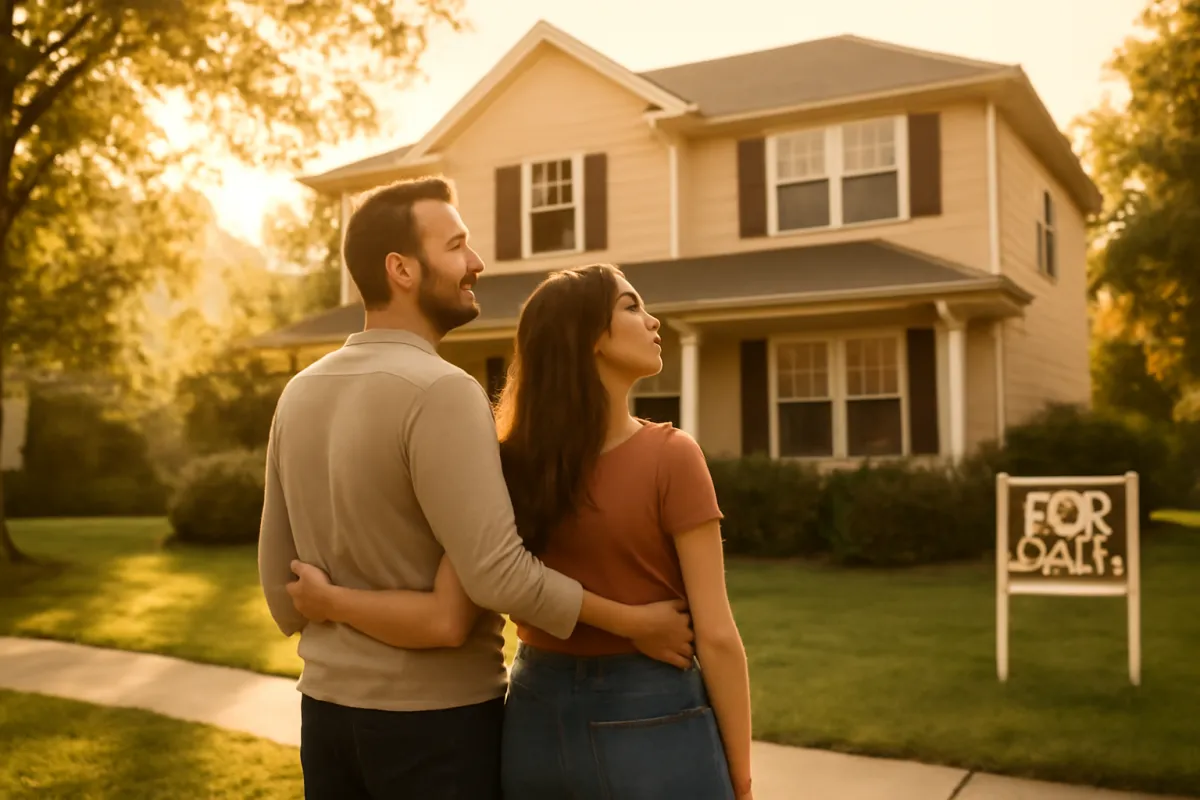 A young couple standing on the sidewalk looking up at a suburban house that is for sale