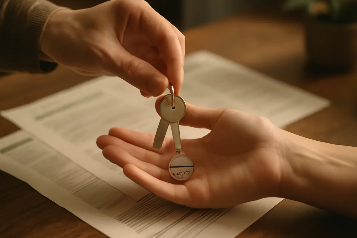 Hands passing a set of house keys across a table covered with mortgage paperwork in warm light