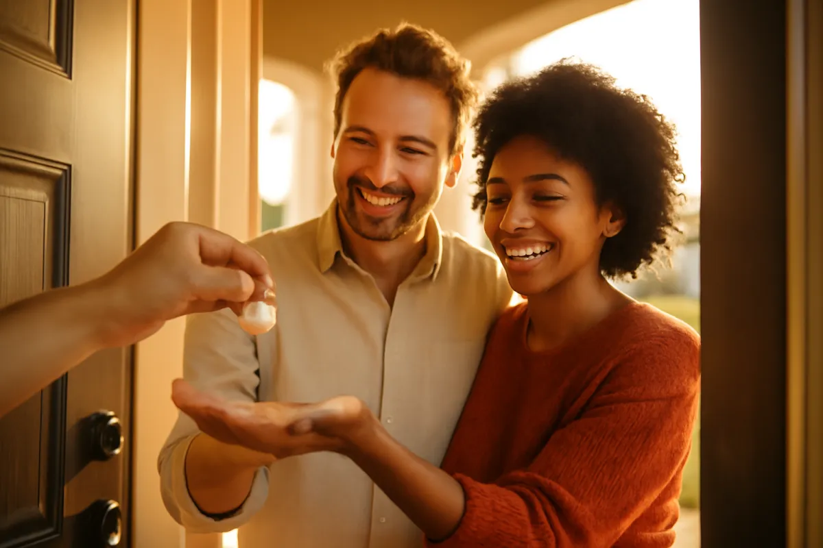 A couple receiving house keys at the front door of a home in warm golden light