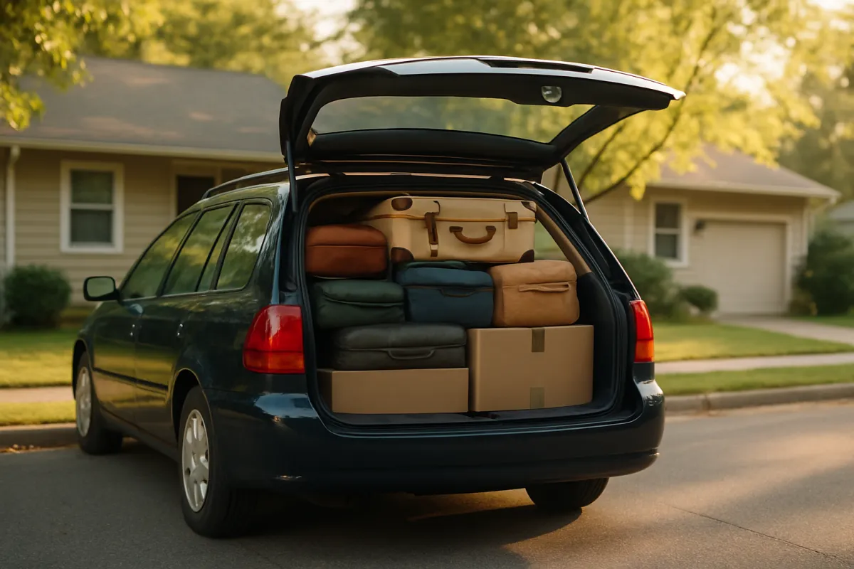A dark blue station wagon parked at the kerb on a residential street with its rear hatch open and suitcases, soft bags and a cardboard box packed inside