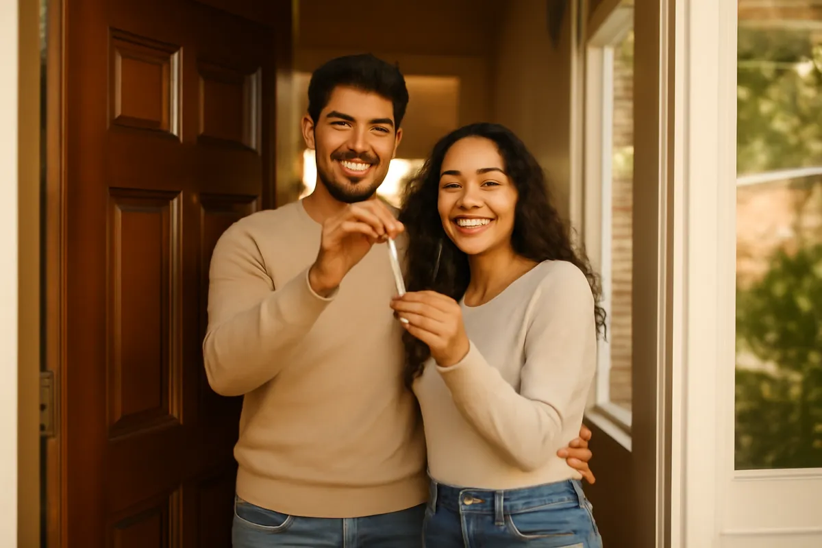 A couple standing in the open front doorway of a home, holding up the keys in warm light