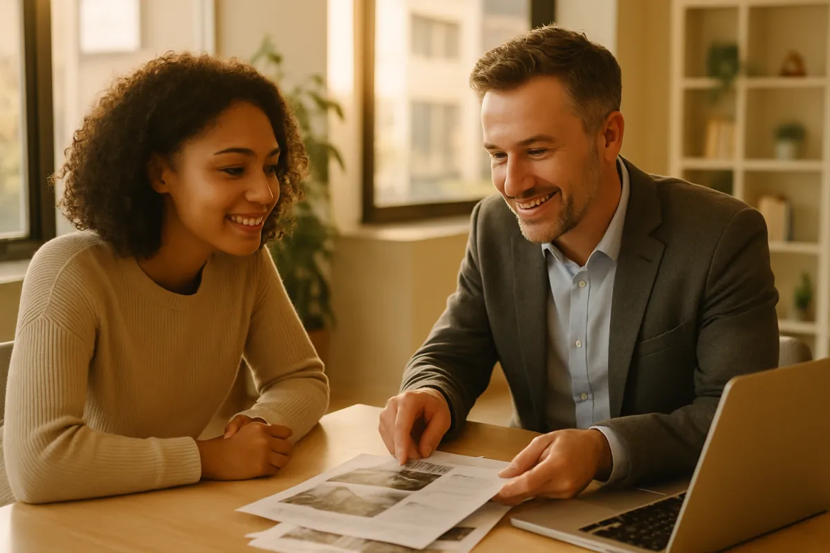 A hopeful home buyer sitting across a table from a friendly real estate agent, reviewing printed property listings and a laptop together in warm daylight