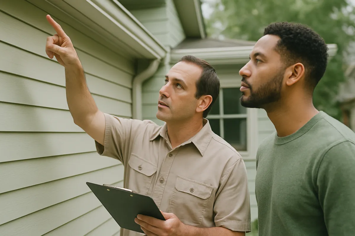 A professional home inspector examining the exterior of a house while a prospective buyer watches in neutral daylight