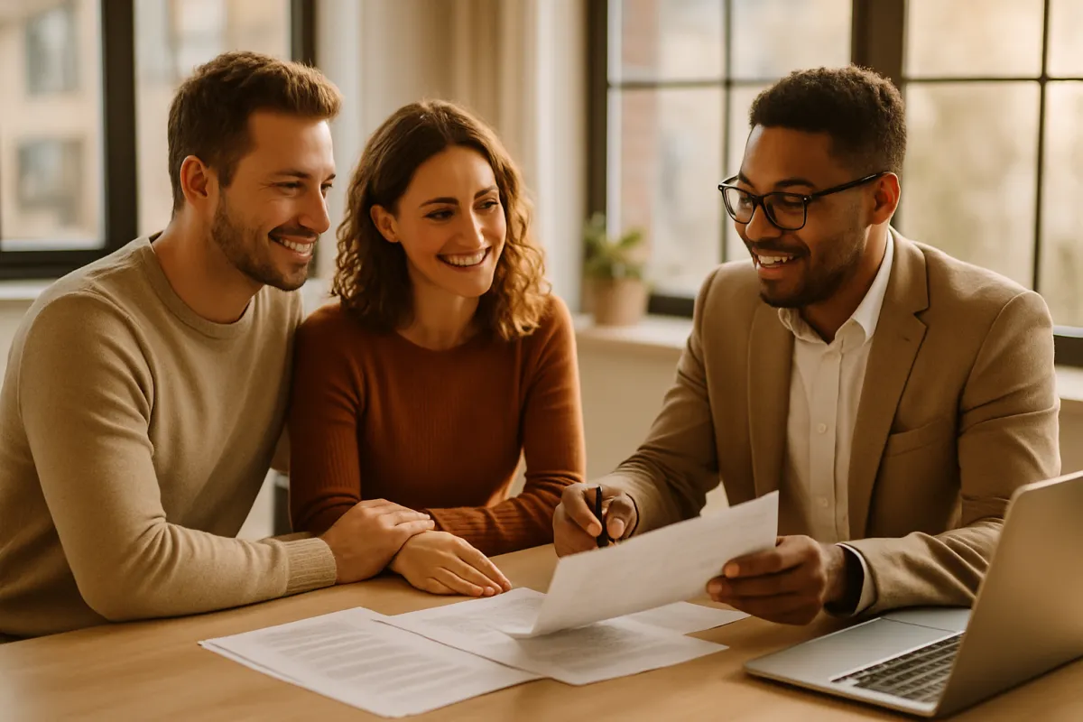 A couple sitting across a desk from a mortgage lender who is reviewing printed documents in warm daylight