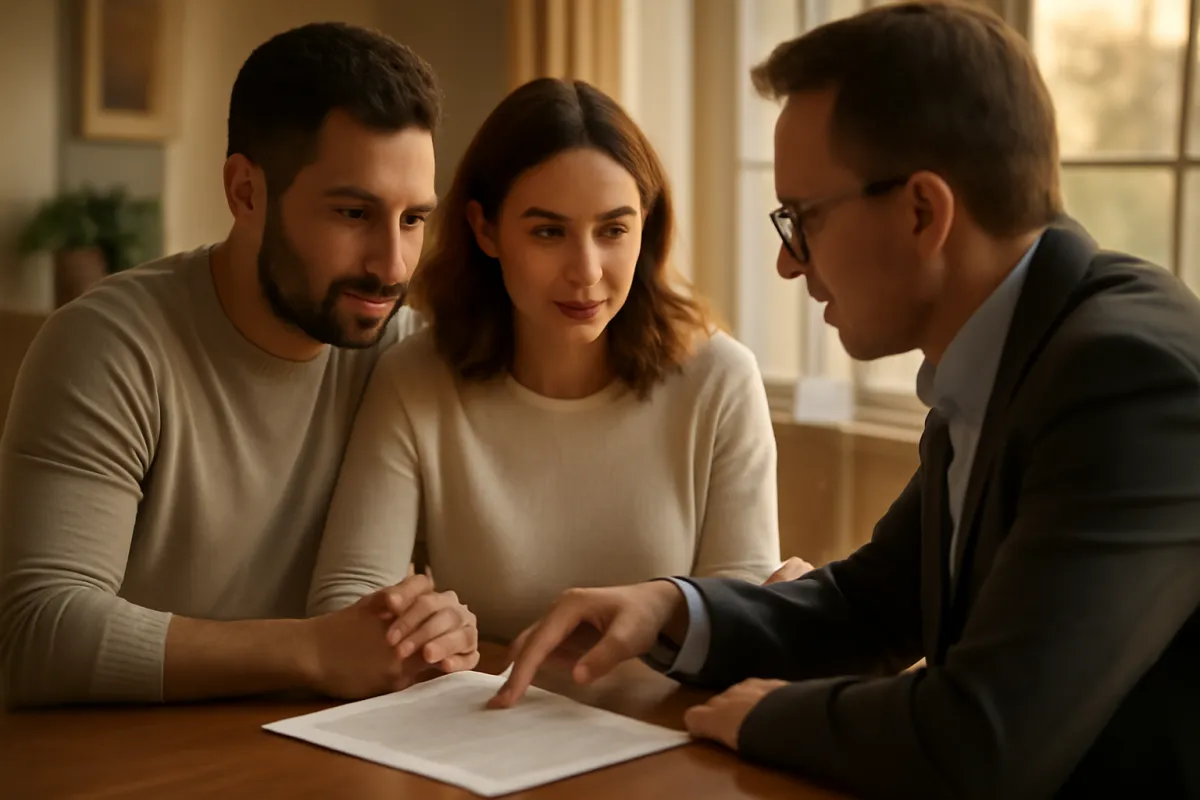 A couple reviewing a written home offer with their real estate agent at a table in warm daylight