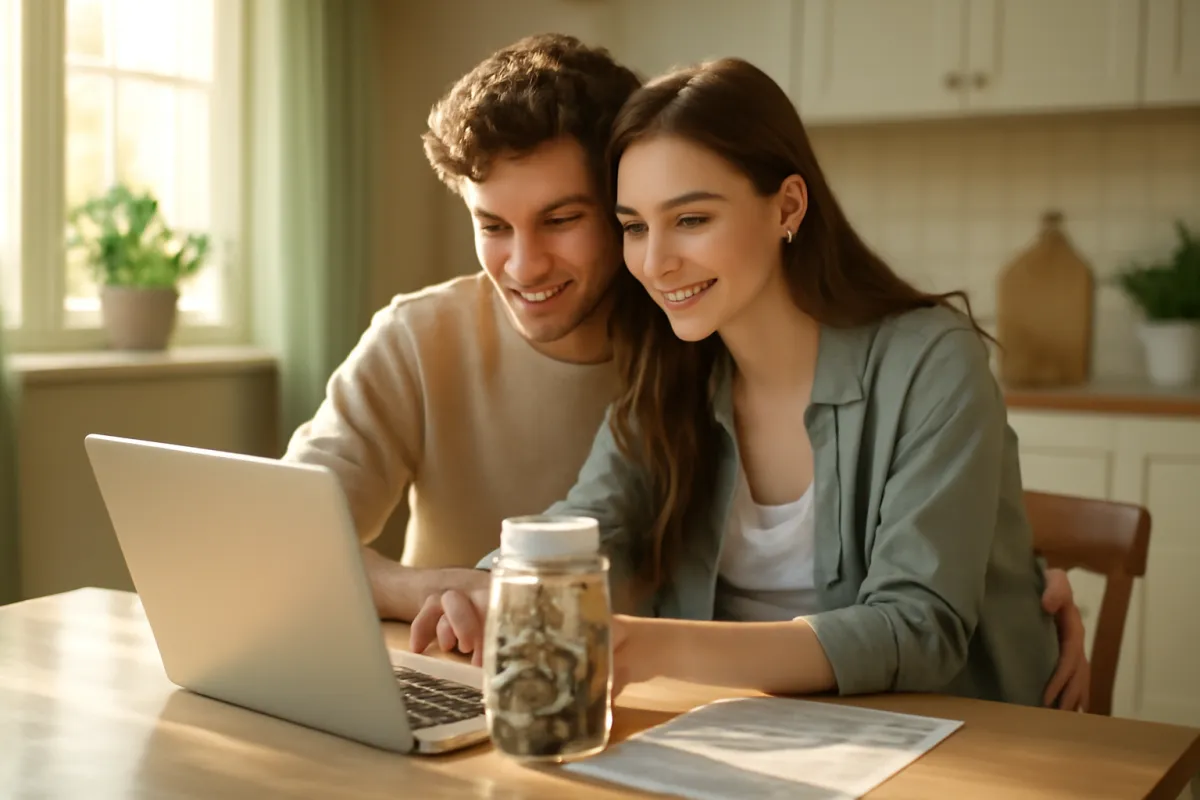 A young couple planning their home savings at a kitchen table with a jar of coins beside an open laptop