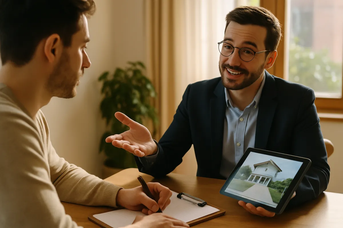 A buyer taking notes across a table while a real estate agent talks and holds up a tablet showing a home listing