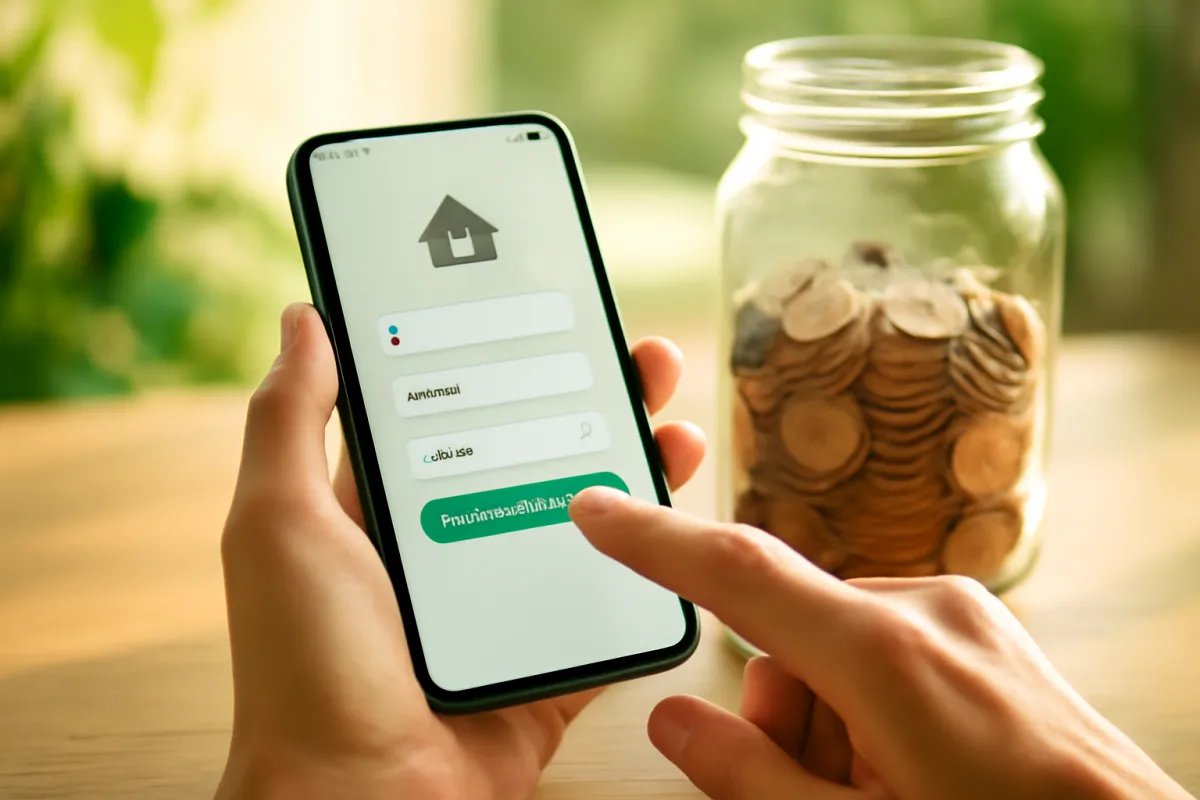 A hand setting up an automatic transfer on a phone banking app while a jar of coins fills in the background