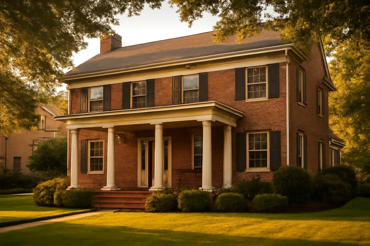 A brick colonial home with columns and a covered front porch in an established neighborhood at golden hour