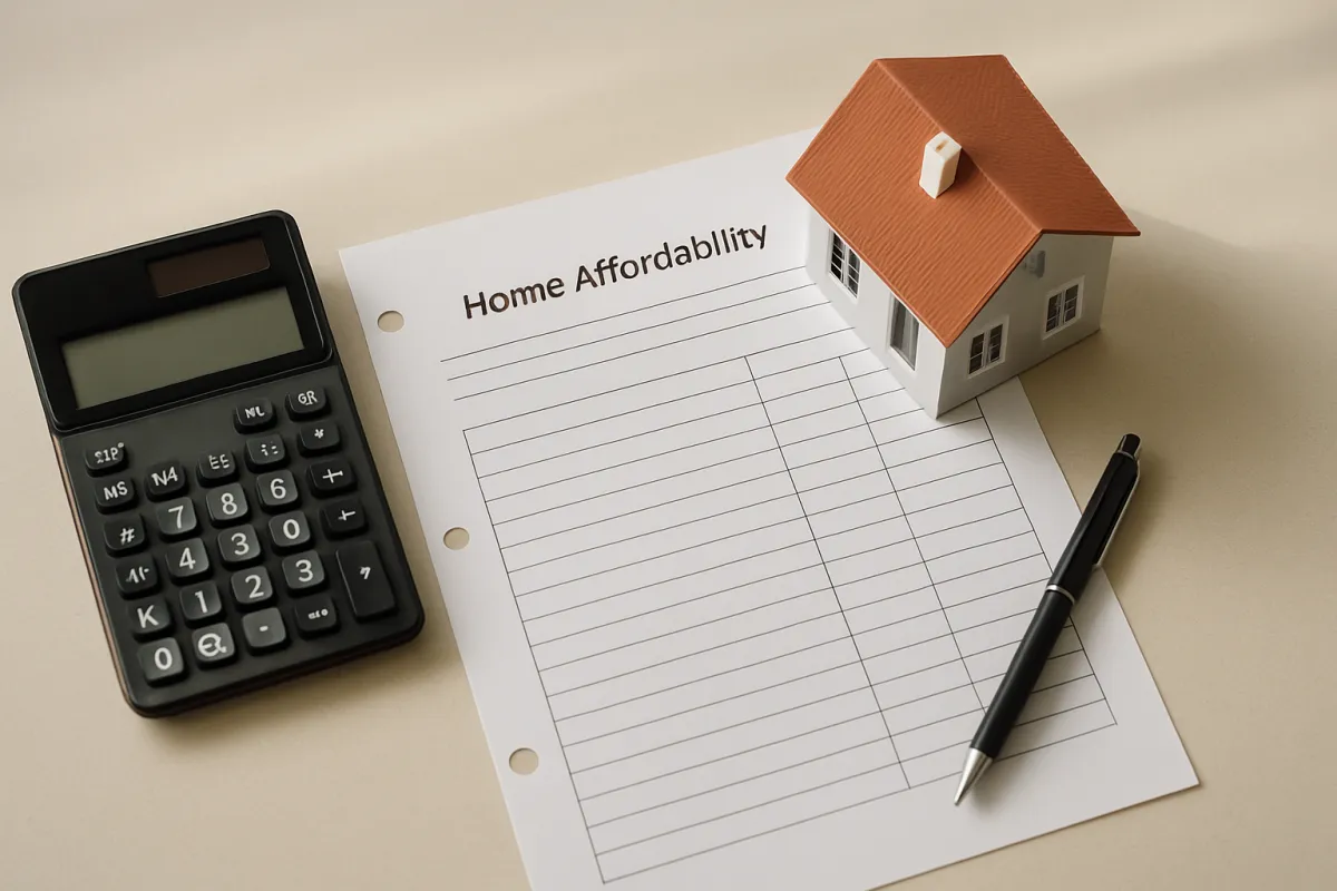 A home affordability worksheet with a calculator and a small model house