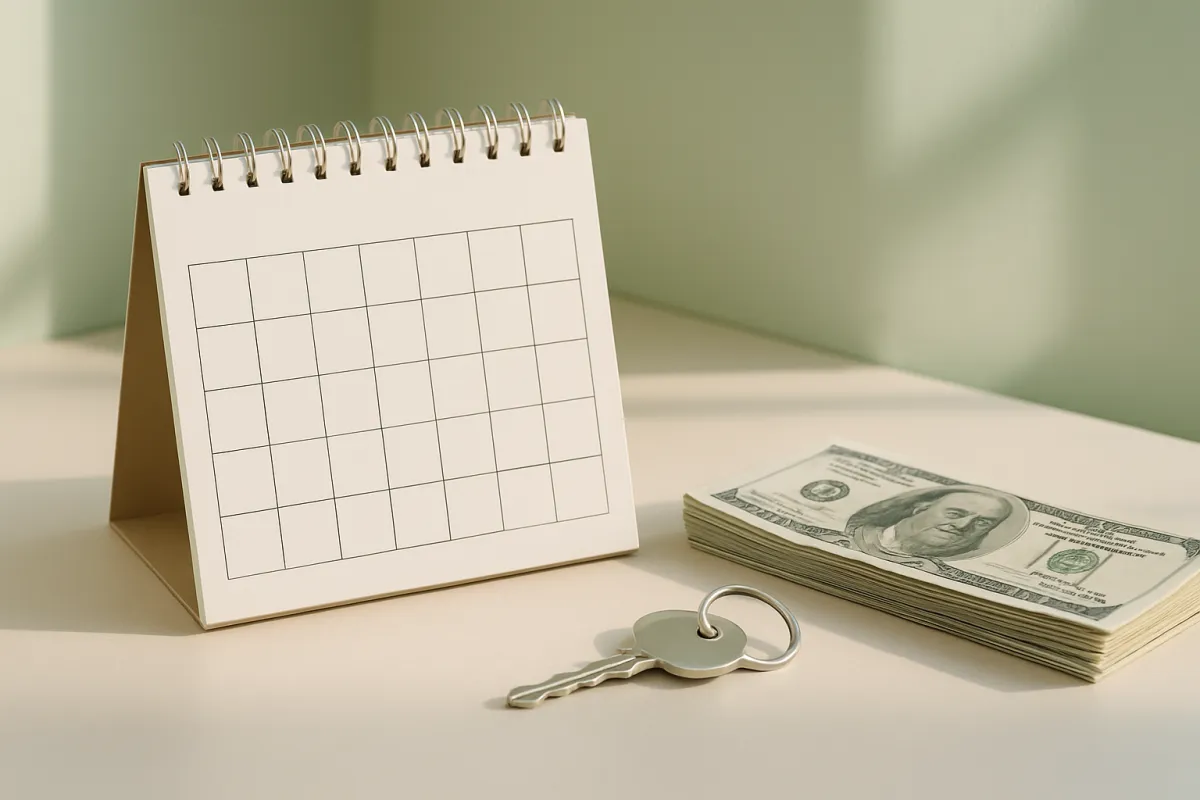 A blank desk calendar beside a stack of cash and a house key, representing the break-even timeline for a refinance