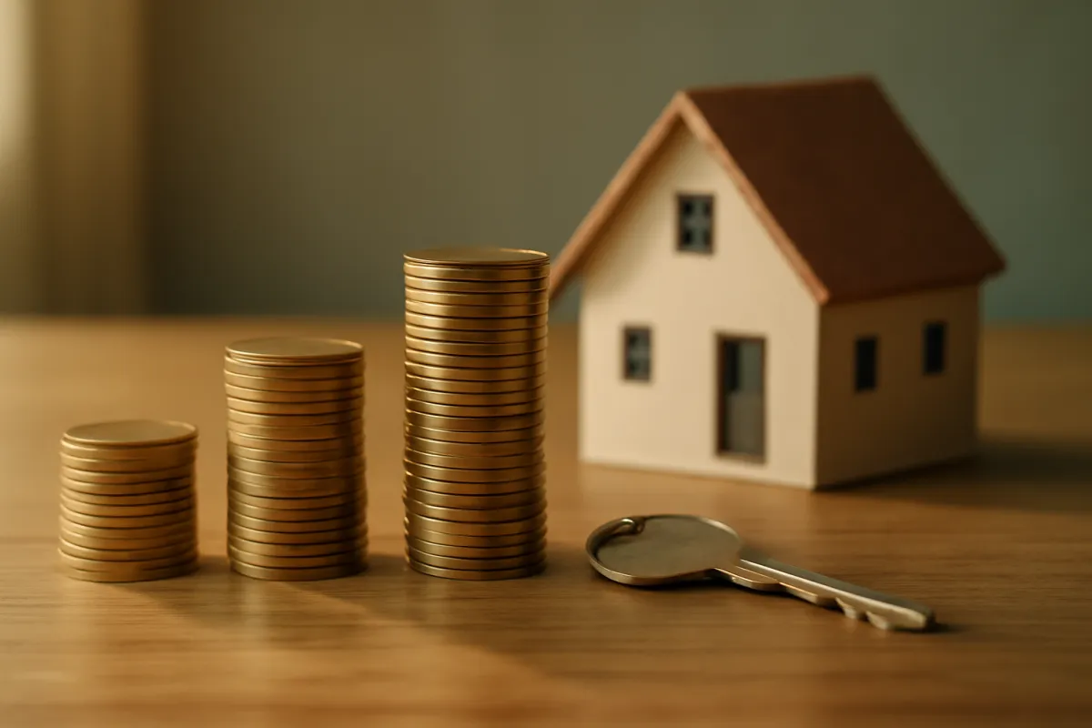 Three coin stacks of rising height beside a small model house and a key, illustrating money borrowed against home equity through a second mortgage