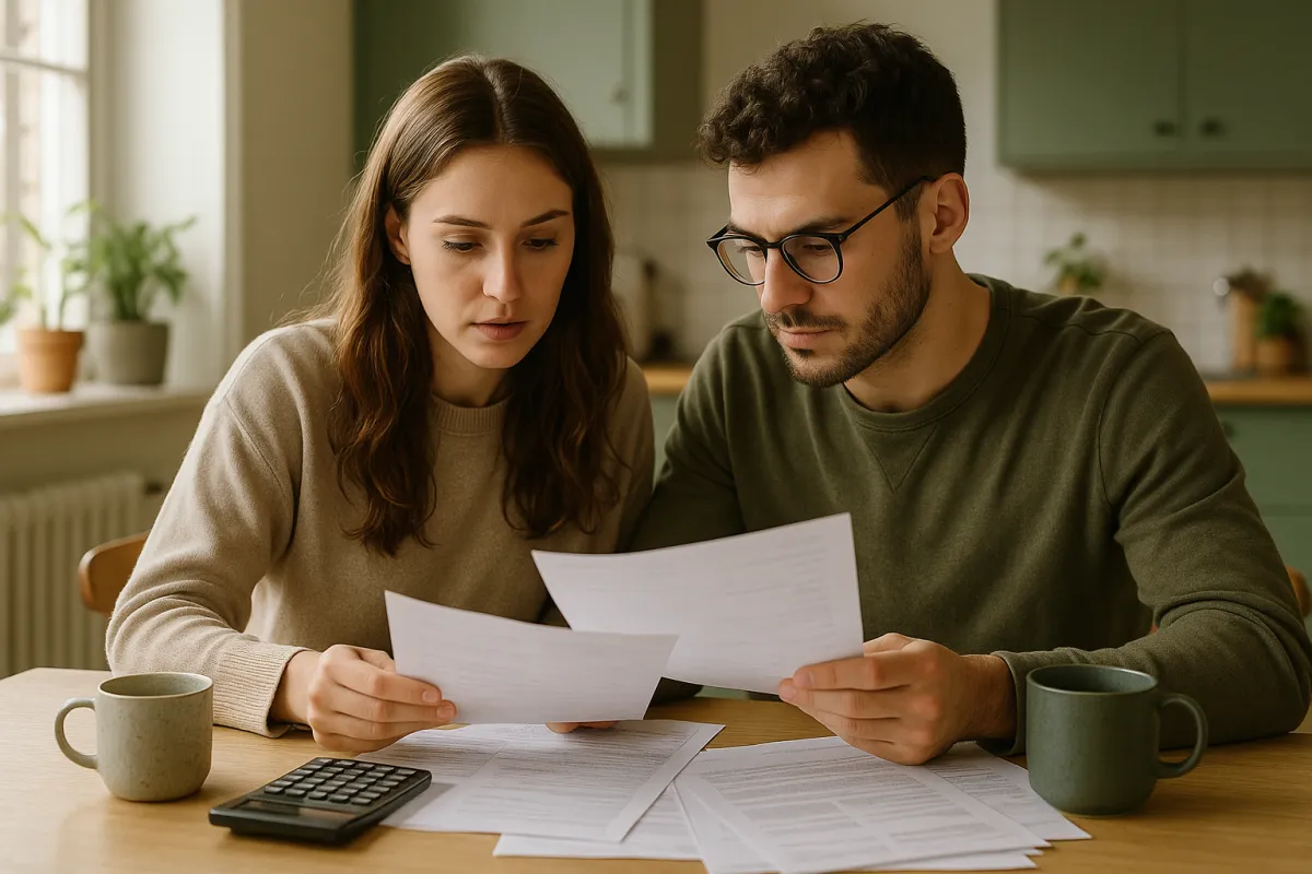 A couple reviewing paperwork together at a kitchen table