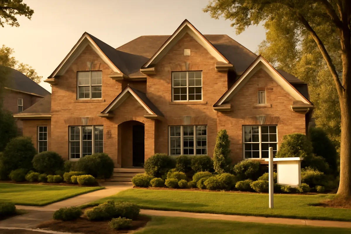 A well-kept brick home exterior with tidy landscaping at golden hour, the kind of property a buyer would walk with an inspection checklist