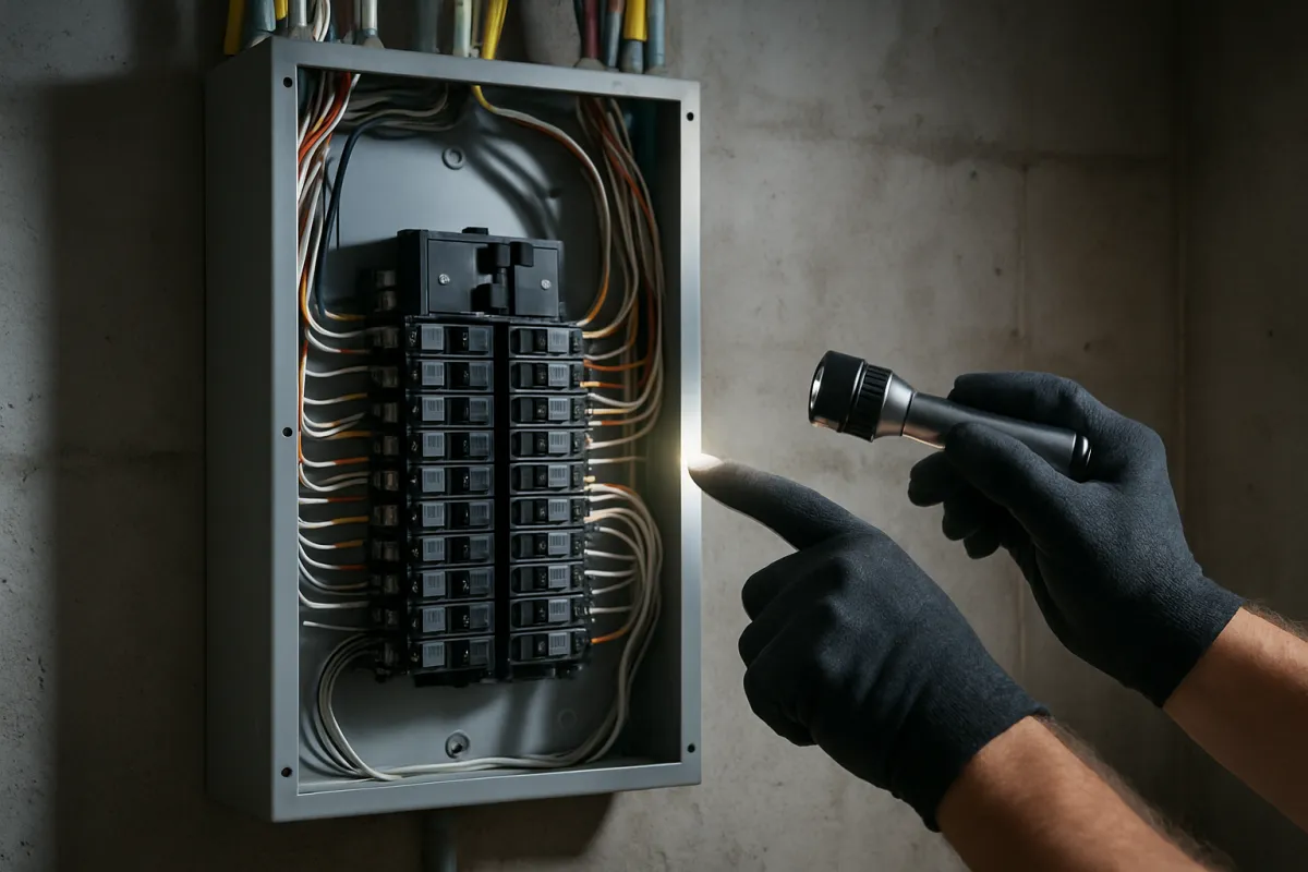 A gloved hand pointing at the rows of breakers inside an open electrical service panel while the other hand holds a lit flashlight, wiring routed around the enclosure