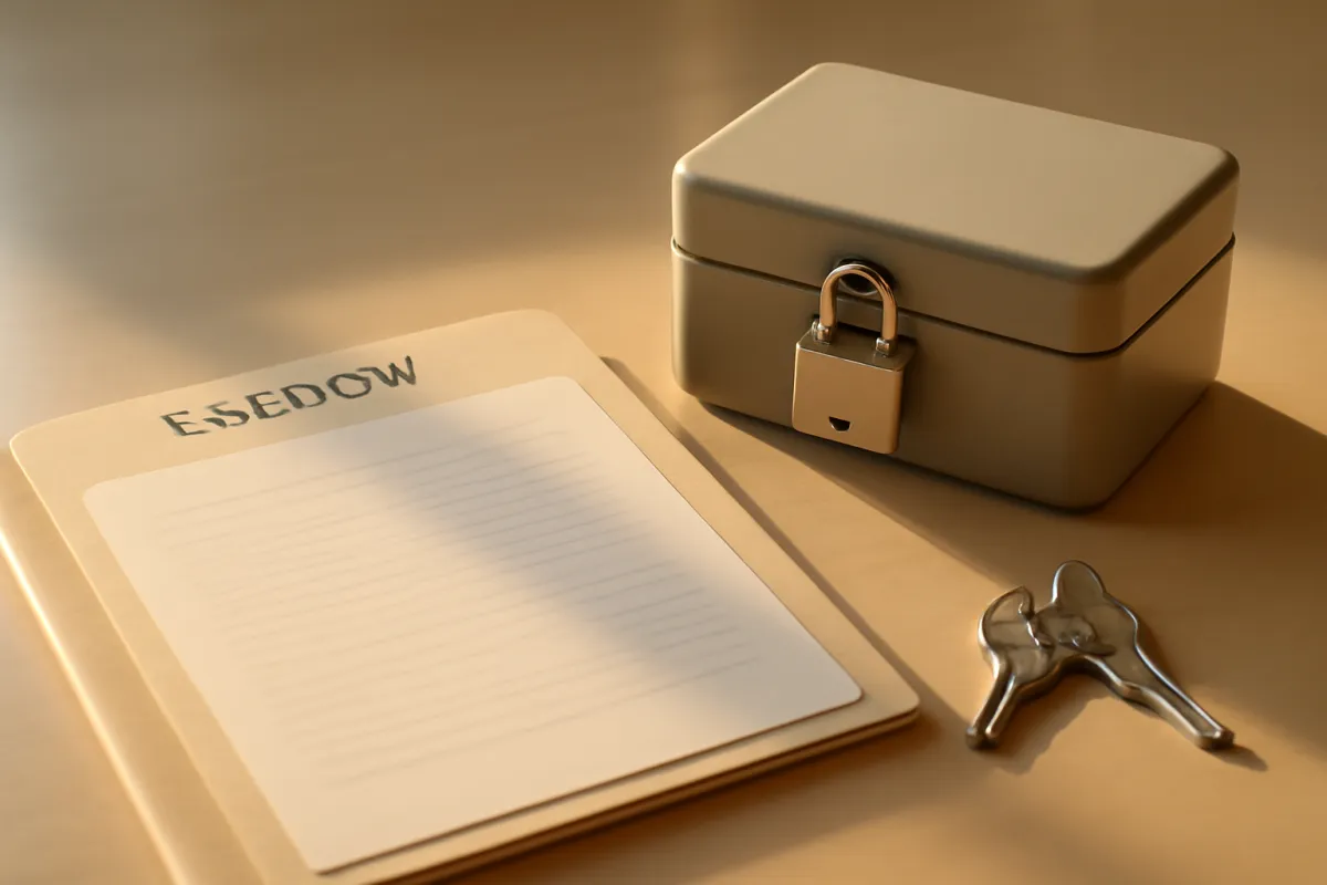 An escrow pad, a small locked box with a padlock, and a set of keys on a warm-lit desk