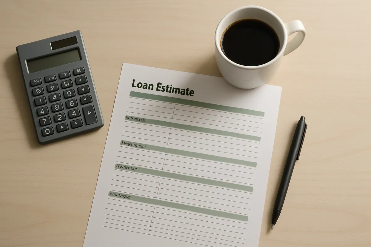 A printed loan estimate form on a desk beside a calculator, a coffee cup, and a pen, the kind of paperwork behind a property valuation