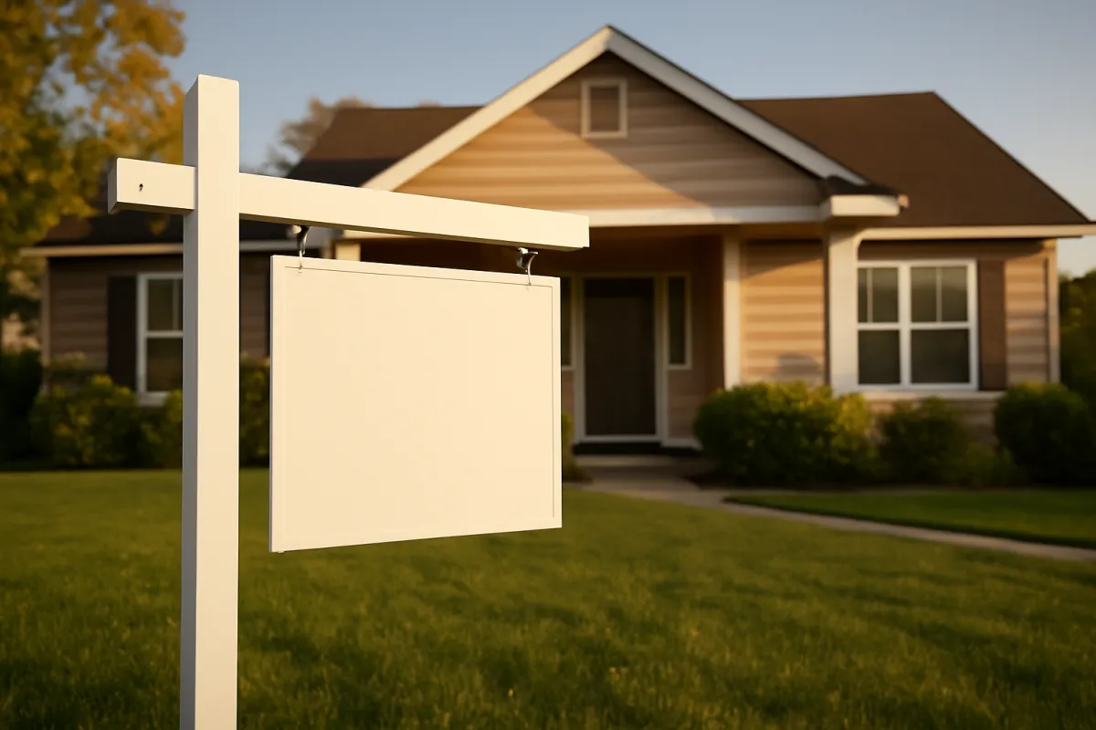 A blank real-estate sign hanging from a post in the front yard of a house on a quiet residential street