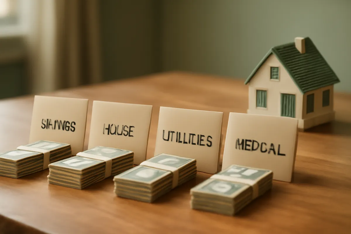 Four banded stacks of cash with labeled cards behind them beside a miniature house on a wooden desk