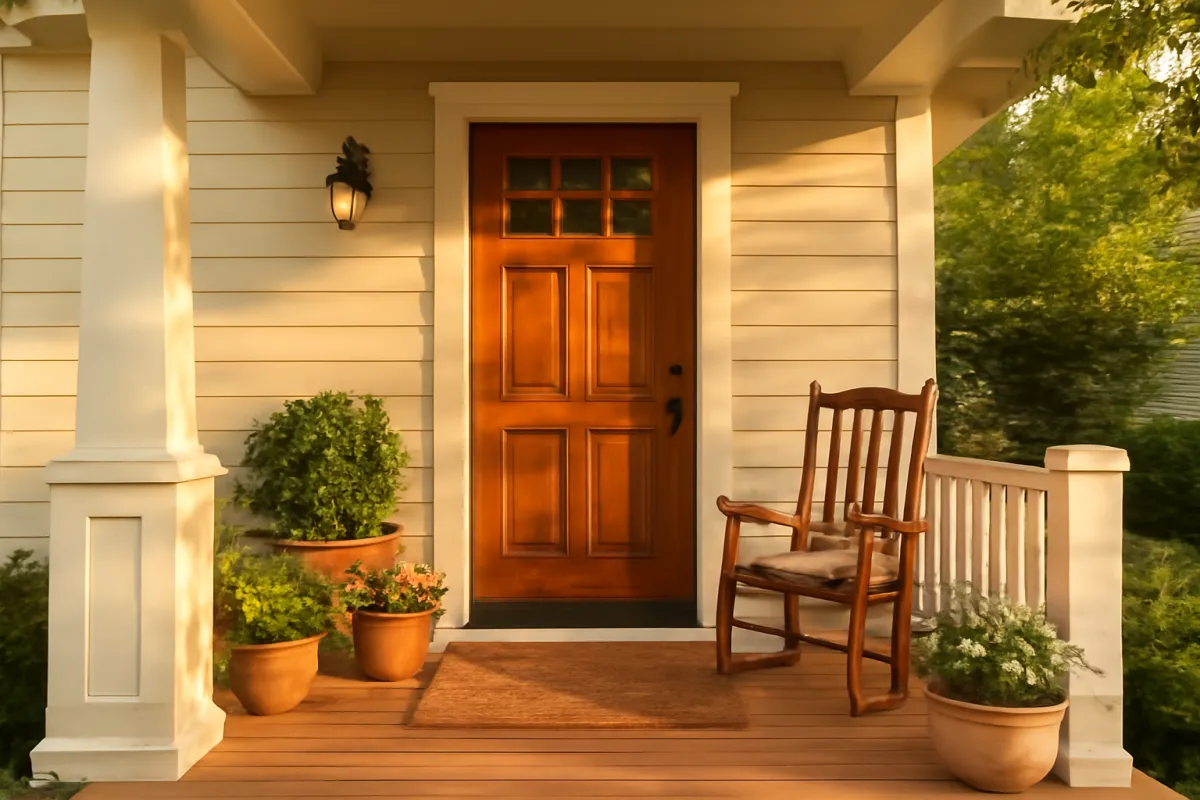 A welcoming home front porch with a small potted plant beside the door in soft morning light