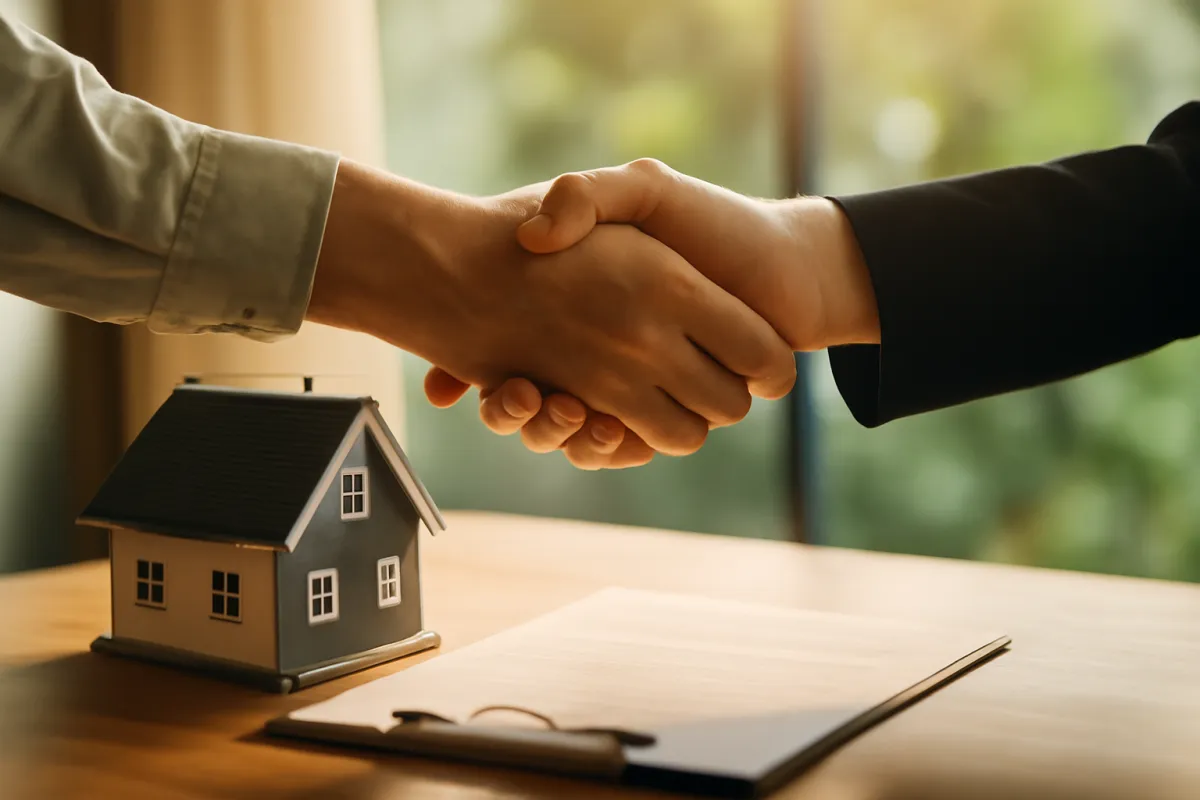 Two people shaking hands over a desk with a small model house and a document between them, closing a deal whose title premium is paid once