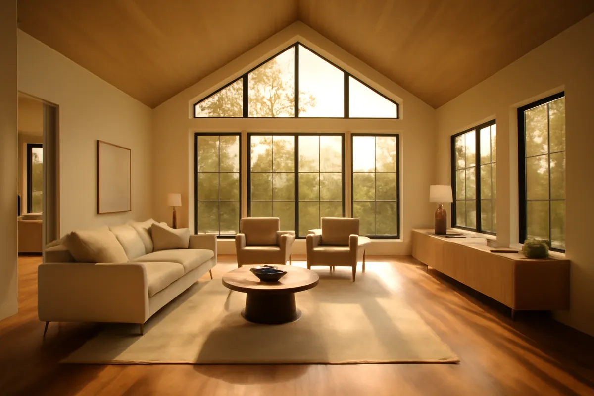 A spacious high-end great room with a vaulted ceiling, large windows, and warm wood floors in an upscale home