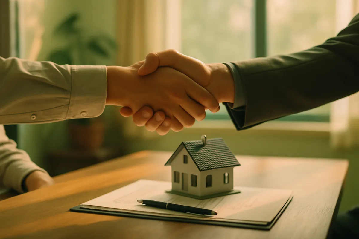 Two people shaking hands across a desk with a small model house and paperwork between them