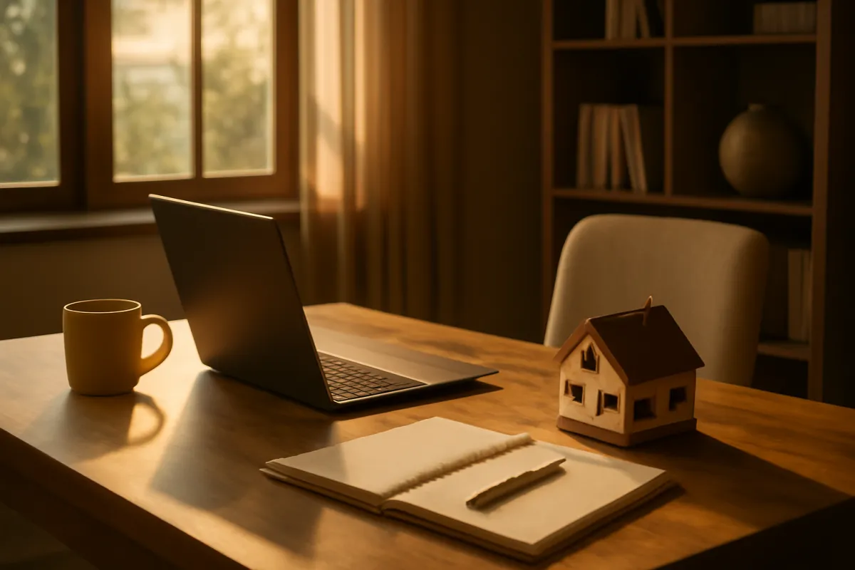 A quiet home desk with a laptop, an open notebook, a coffee mug, and a small model house in warm light