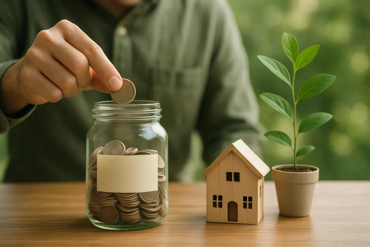 A person adding a coin to a jar beside a small house figurine