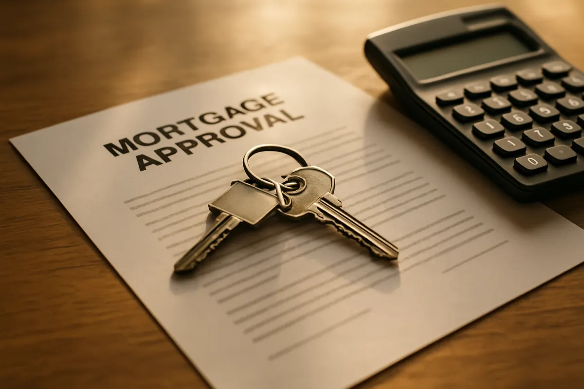 House keys resting on a printed mortgage approval letter beside a calculator in warm light