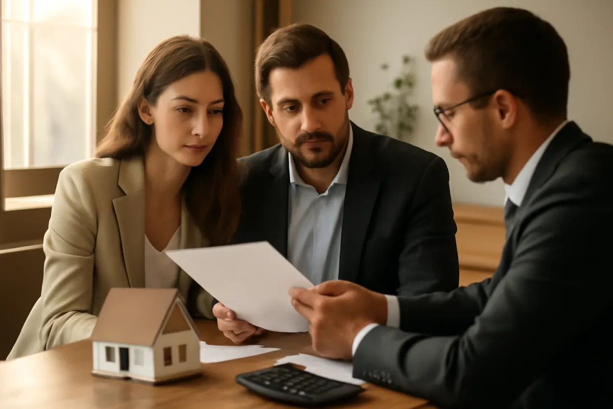 A couple reviewing loan paperwork with a lender at a table beside a small model house and a calculator