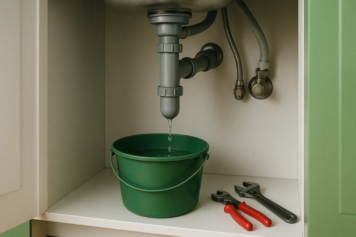 A slow drip from a pipe under a sink falling into a green bucket beside a wrench and pliers