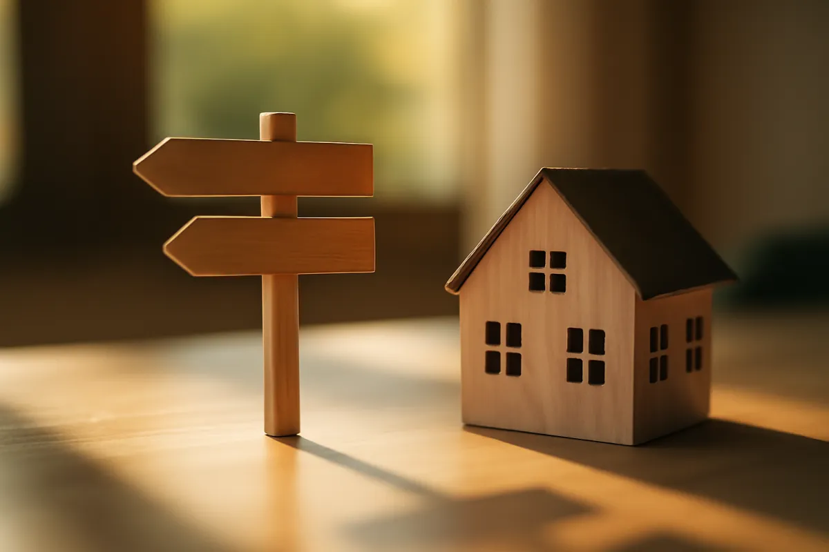 A wooden signpost marker standing beside a small model house on a desk in warm light