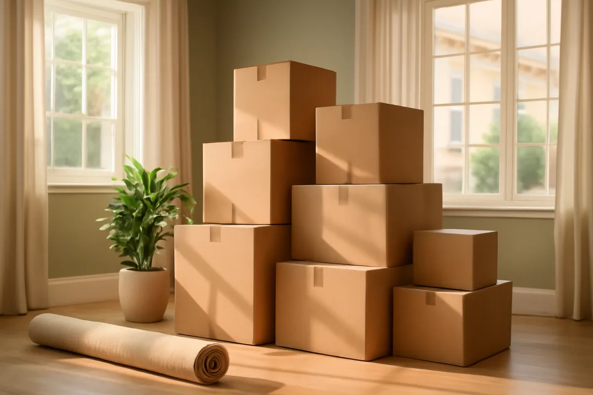 Cardboard moving boxes stacked in a sunlit empty living room of a new home