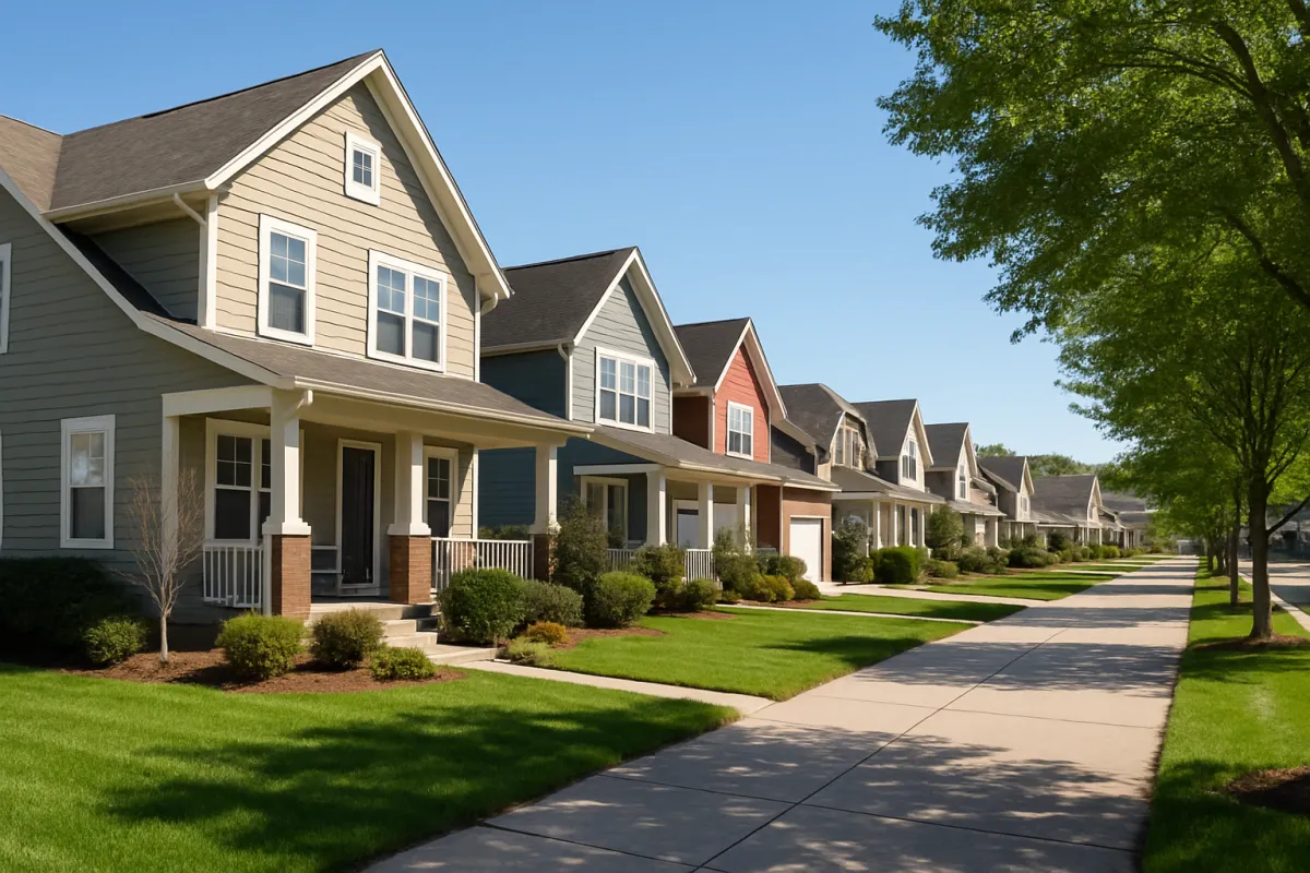 A row of similar two-story houses with front porches and mowed lawns along a sidewalk lined with young trees under a clear sky