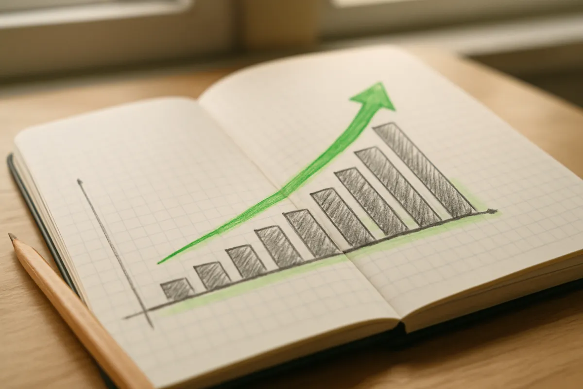 A hand-drawn growth chart sketched in a notebook beside a pencil