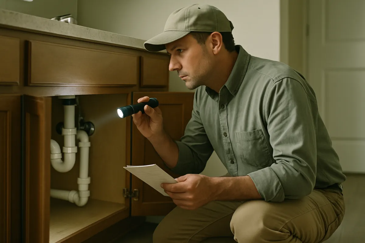 A person in a cap crouching in front of an open sink cabinet, shining a flashlight on the white drain pipes while holding a sheet of paper in the other hand