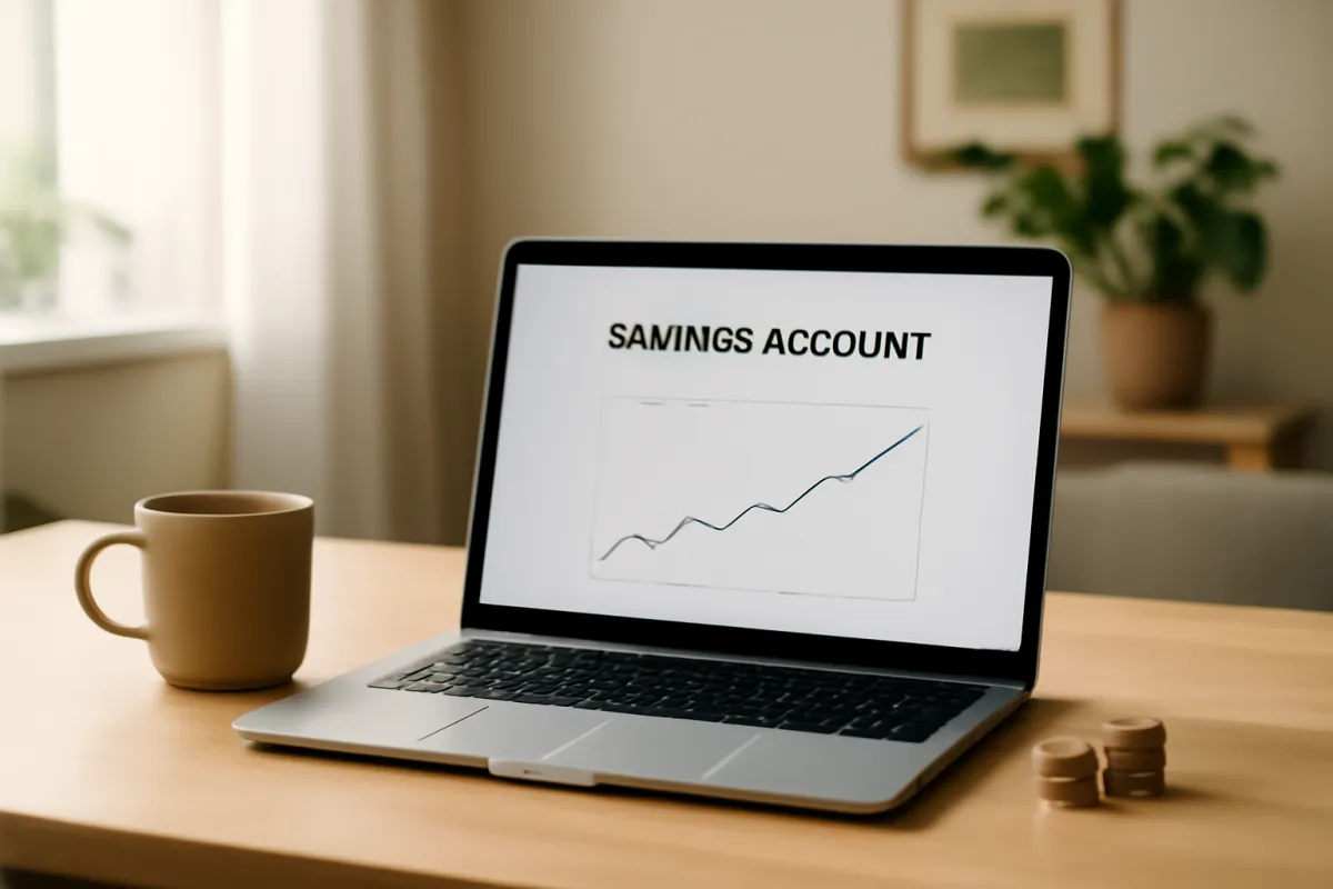A laptop showing an online savings account balance beside a coffee cup and a small stack of coins on a desk